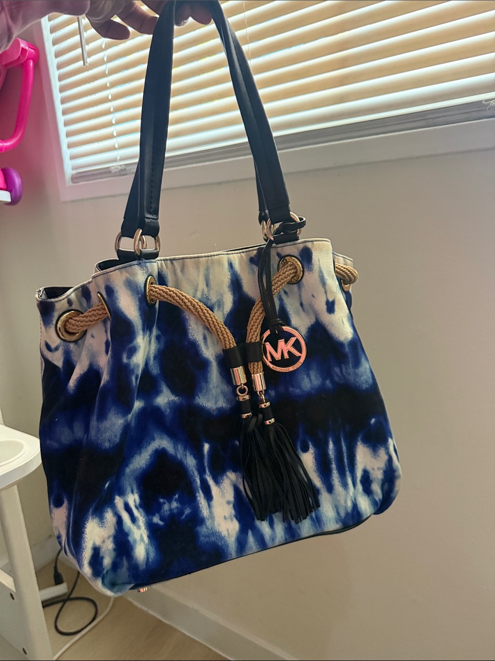 Michael Kors Blue and White Tie-Dye Tote with Rope Accents